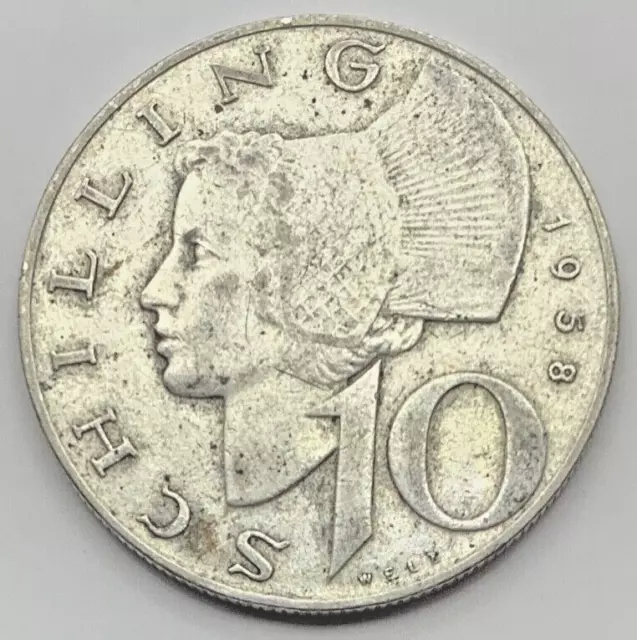 1958 Austria Silver (.640) 10 Schilling Coin- Free Shipping