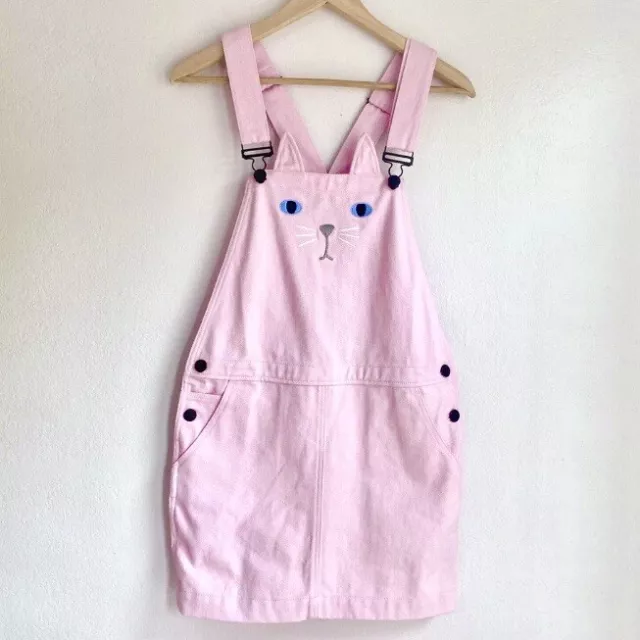 Lazy Oaf Mini Overalls Women’s Small Pink Cat Denim Romper