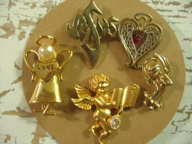 Vintage Angels Lapel Hat Pin Brooch Jewelry Lot Religious Jesus Gold Tone