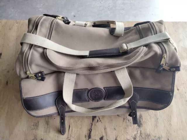Eddie Bauer Ford Duffle Bag Khaki Tan Canvas Leather 22x14x12 Luggage Overnight