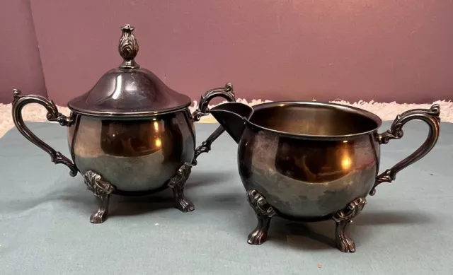 Antique Footed Creamer w Matching Lidded Sugar Bowl Silver Plated Victorian Tea