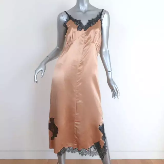 Helmut Lang Lace-Trim Slip Dress Gold Satin Size Small Spaghetti Strap Midi