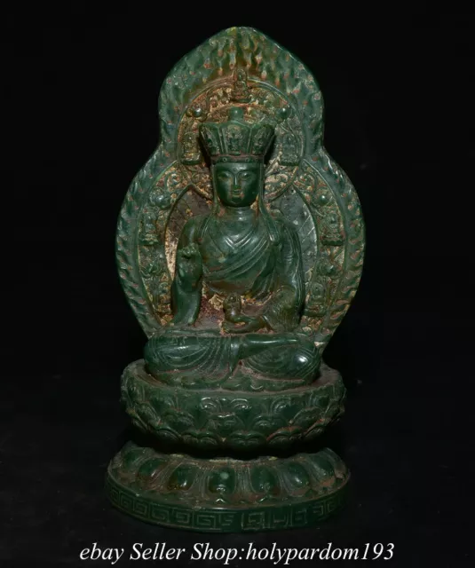 7.2" Old Chinese Green Jade Carved Ksitigarbha Boddhisattva Backlight Statue