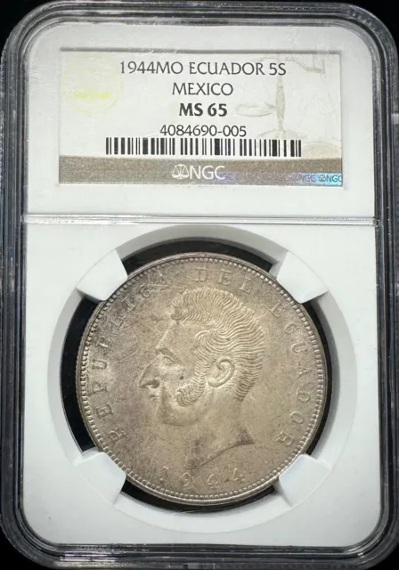 1944 MO Ecuador (Mexico) 5 Sucres Silver Coin NGC MS 65