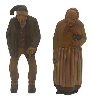 Antique Hand Carved Wooden Black Forest Old Man Cane & Woman Bible Figurines