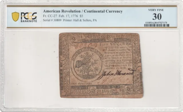 CC-27 $5 Continental Currency Feb. 17, 1776 "SUBSTINE VEL ABSTINE" PCGS VF30
