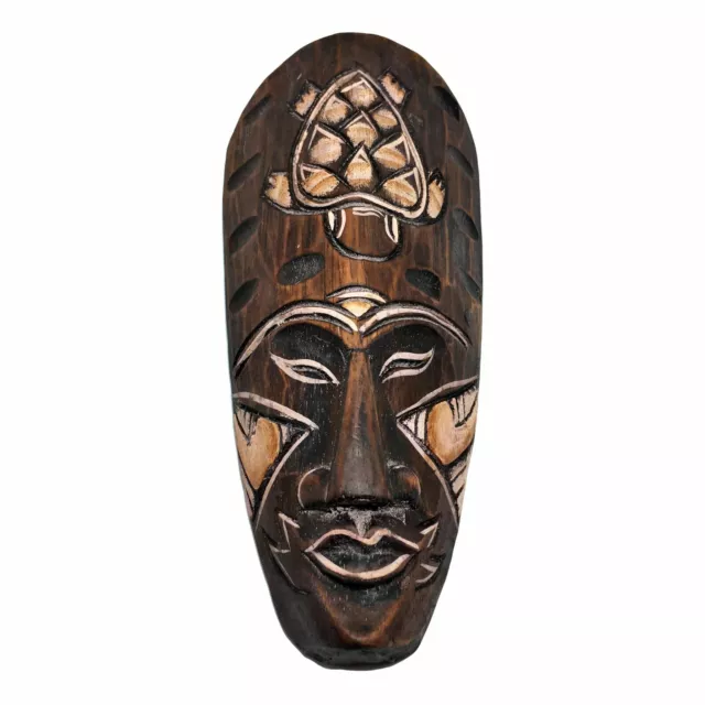 African Wooden Mask Turtle Face Brown Hand Carved Tribal Safari Wall Art Hanging