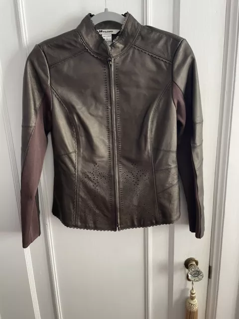 Nygard Collection Women Leather Knit Combo Copper Brown Zip Jacket Sz Small 6-8