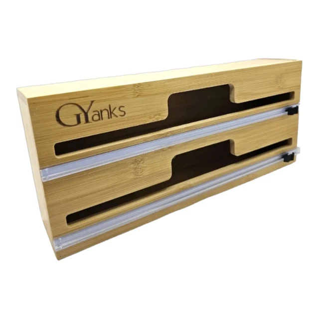 Organizador/dispensador de envoltura 2 en 1 caja de bambú con cortador y etiquetas, montada en pared