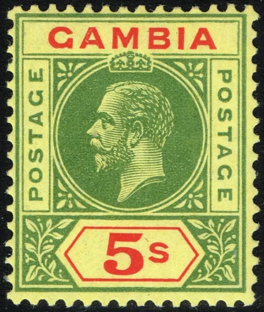 SG 102 GAMBIA 1922 – 5s GREEN & RED/PALE YELLOW – MOUNTED MINT