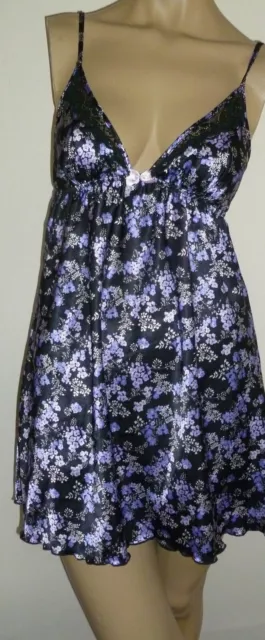 Camicia nera raso taglia 8 viola stampa floreale lilla corta mini abito da notte