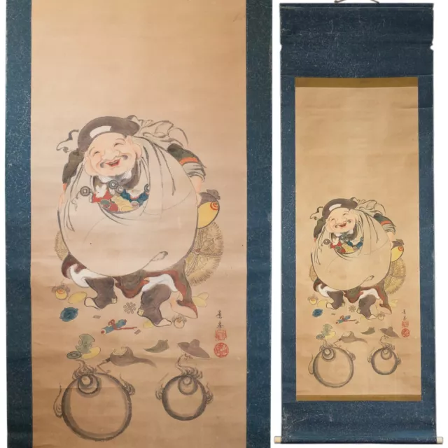 Large Antique Japanese Kakejiku Hanging Scroll With Daikoku and White Rats Meiji