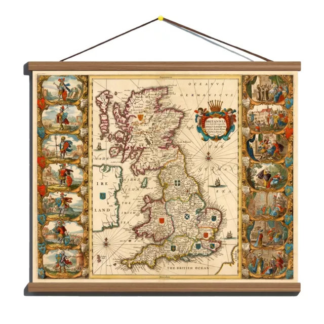 Ancient Old 1645 Decorative Map Of British Isles; Canvas Magnetic Wooden Hanger