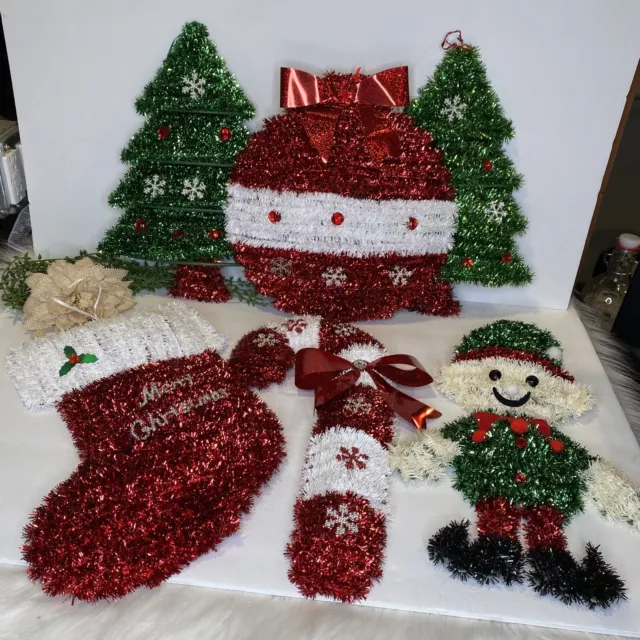 Six Tinsel Christmas Decorative Holiday Wall Hangings Elf Candy Cane