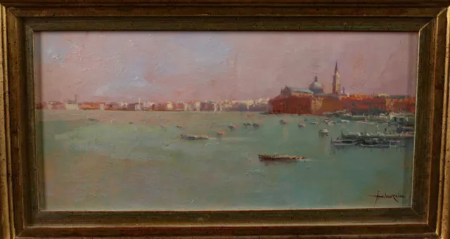 Juan Palomo Reina * 1965 Ölgemälde Venedig Stadtsilhouette Schiffe Meer Marine