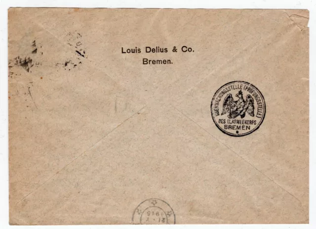 DR 1. Correo de censura de la Guerra Mundial desde Bremen carta + postal en los Países Bajos 1915+1917