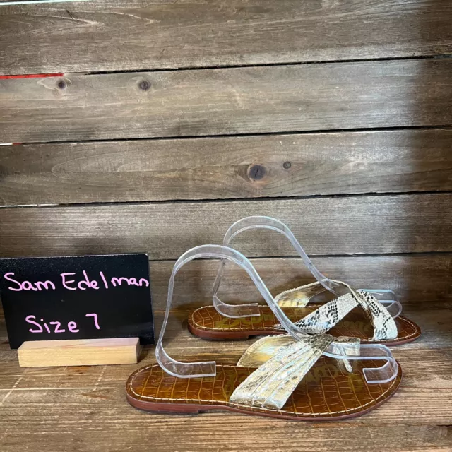 Womens Sam Edelman Gwen Gold Snake Print Leather Sandals Slide Shoe Size 7 M GUC