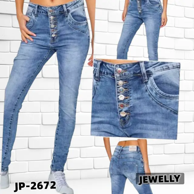 JEWELLY Damen Jeans Hose Denim stretch Schmucke Knöpfe Jeans Blau 34 36 38 40 42