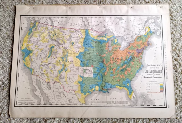 Vintage ORIGINAL Antique United States 1890 Population Density Map Rand McNally