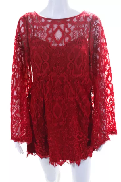 Free People Womens Long Flare Sleeve Lace Overlay Mini Dress Red Size 2