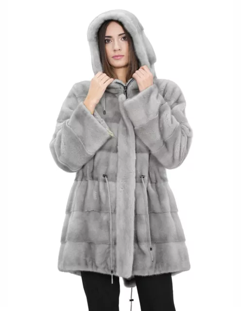 Cappotto parka 46 zaffiro pelliccia visone con cappuccio coulisse vita manica lu