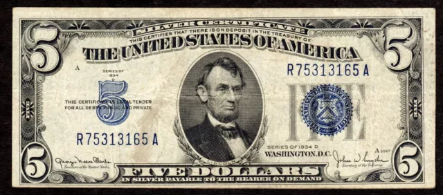 VF Circulated $5 Series 1934D United States Silver Certificate, Fr# 1654, [C65