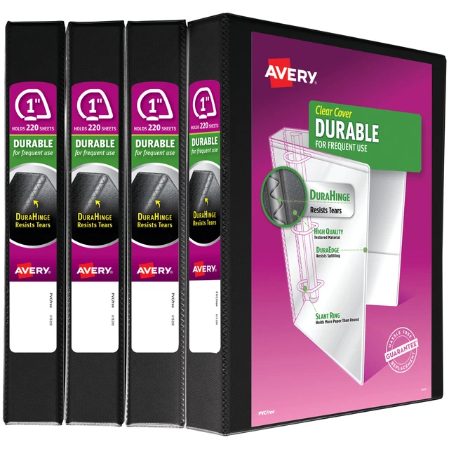 Avery Durable View DuraHinge Binders, 1" Slant Rings, 42% Recycled, Black, 4PK