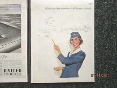 TWO Original United Airlines Vintage Print Ads From 1943 & 1956 3