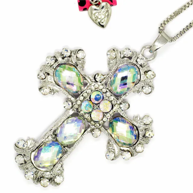 Hot Betsey Johnson Cross Pendant  Bling AB Crystal Sweater Chain Women Necklace