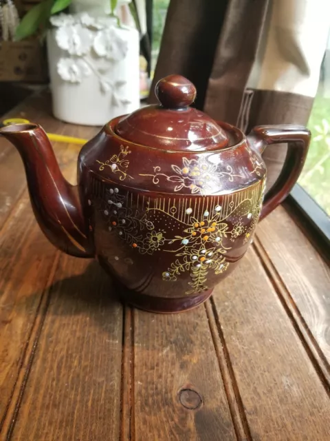 Vintage Retro Brown Ceramic Hand Painted Teapot Floral Gold Trim Made in Japan