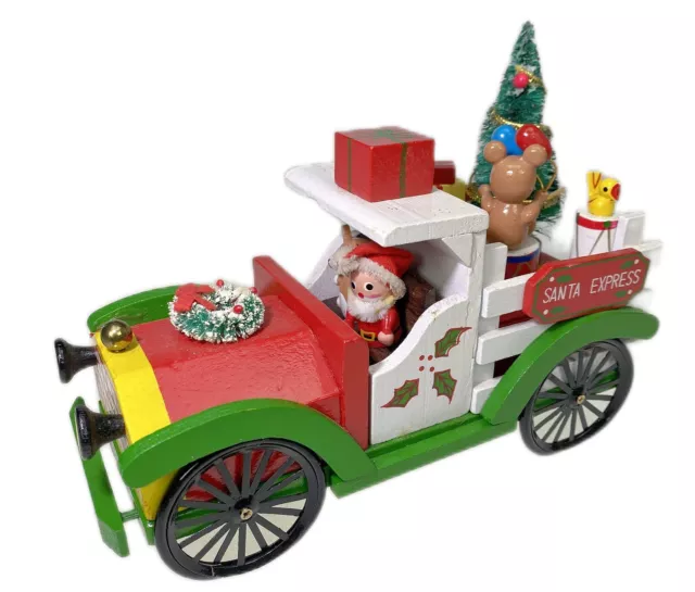 Wood Christmas Truck Musical Truck Figurine Santa Vtg Wind Up Music H6” x 8” x 3