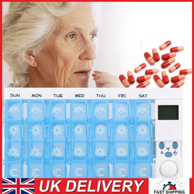 28 Grids Pill Organizer Electronic Timing Medicine Weekly Drug Tablets Alarm Box