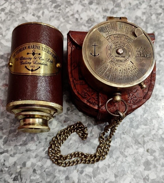 Nautischer Vintage Messingkompass 100 Jahre Kalender & Teleskop Antik Handarbeit