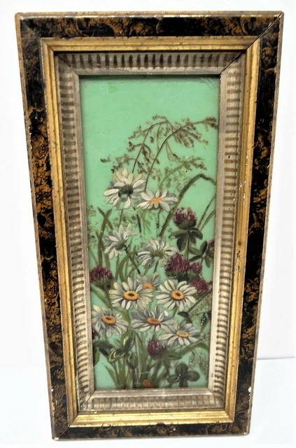 Original Old Hand Painted Oil Painting Flower Bouquet on Glass Hanging Wall Art