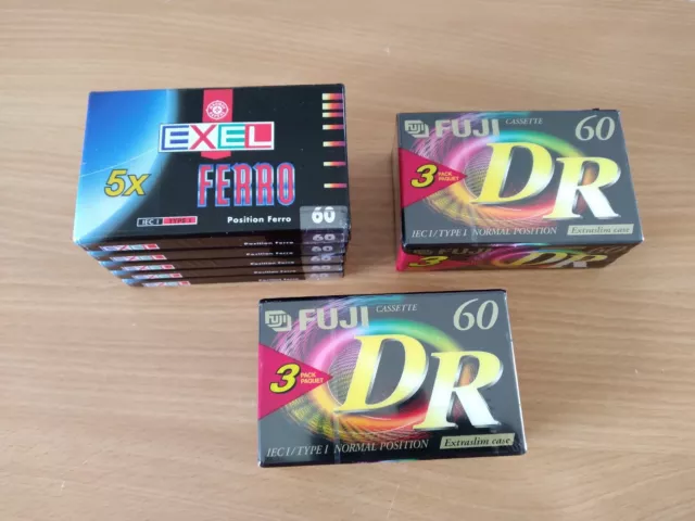 Lot de 11 cassettes vierges Ferro 60 (Type 1), Fuji et Exel, Extraslim case.