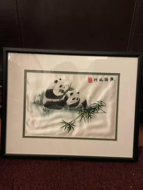 Vintage Chinese Art Silk Hand Embroidered PANDA Bamboo Like Wood Frame