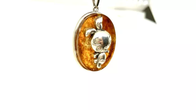 Bunny Pendant 925 Silver On Natural Amber Plate Oval Shape For Necklace 18.07 G