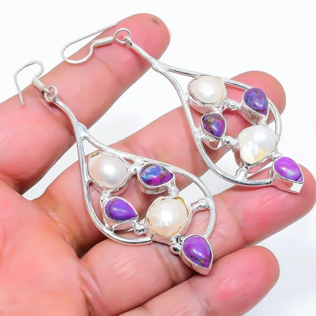 Copper Purple Turquoise, Pearl 925 Sterling Silver Jewelry Earring 3.35" Q759