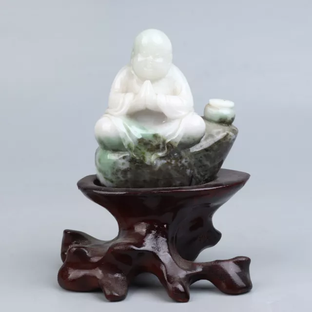 Chinese Exquisite Hand-carved little monk carving Dushan jade statue with Stand