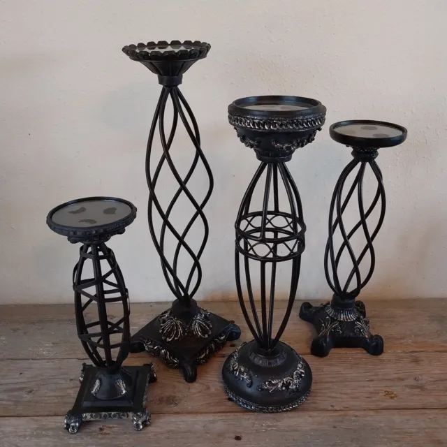 Set 4 Elements Candle Stand Holders Resin Coated Metal Unique Designs Black Silv 2