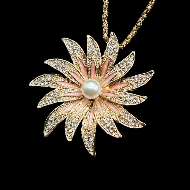 Pink Enamel Crystal Pearl Flower Betsey Johnson Pendant Necklace Chain/Brooch