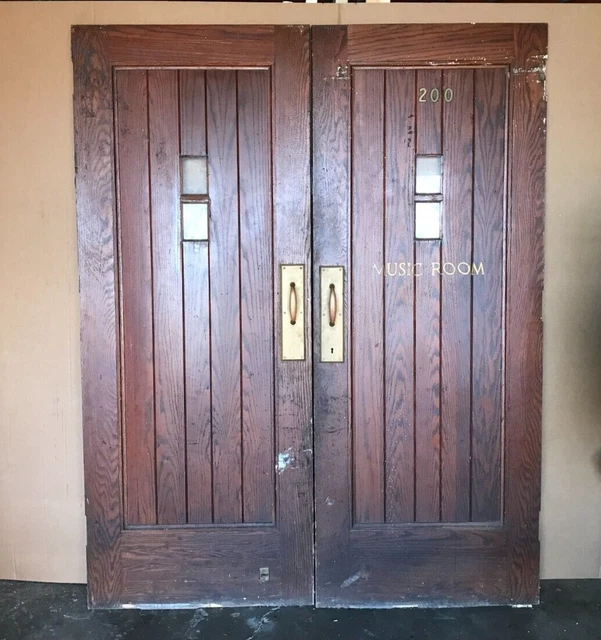 Pair Vintage 33x84 Oak Veneer 2 Lite Glass Interior Doors Brass Hardware 31-23B