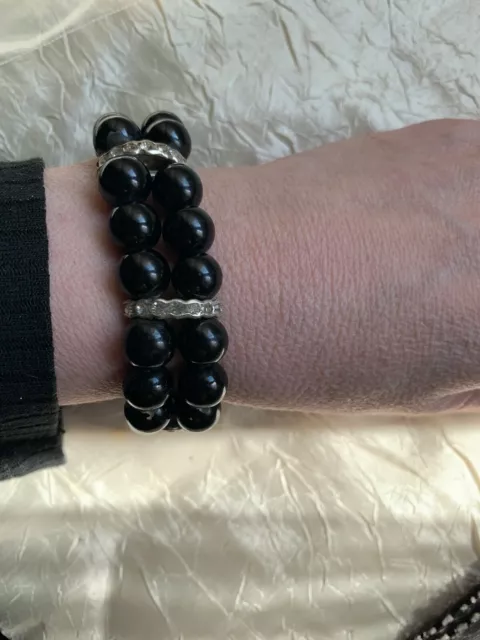 Vintage Francese Designer Bracciale -2 Linee Di Nero Perline & Anelli Di Strass