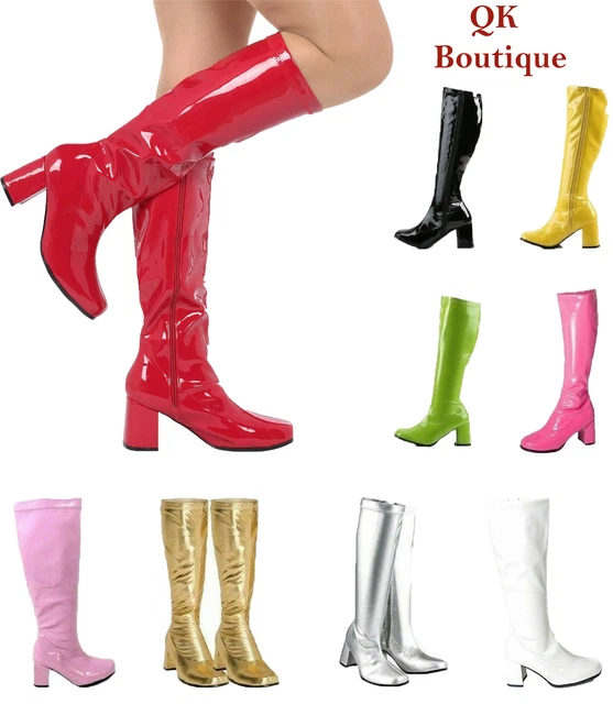 New Womens Ladies Fancy Dress Party GO GO Knee High Boots 60s & 70s Retro Sizes