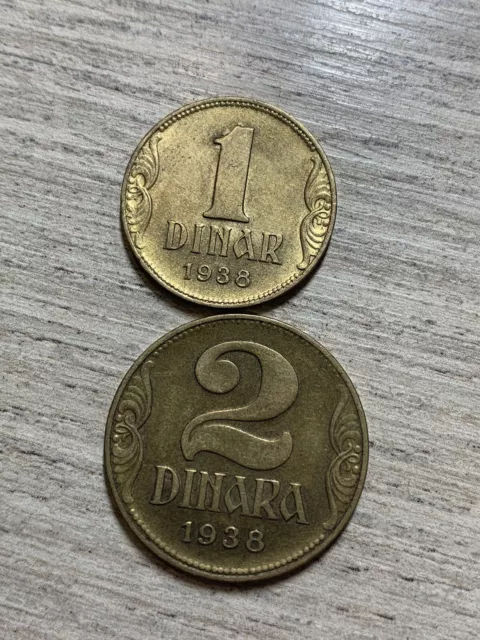 yougoslavie, Lot De 2 Pièces De Monnaies Différentes 1 Et 2 Dinars 1938