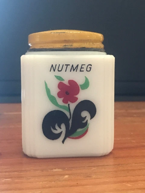 Vintage Tipp City McKee NUTMEG spice Milk Glass Jar yellow Shaker Red Flower Vintage Tipp City McKee NUTMEG spice Milk Glass Jar yellow Shaker Red Flower