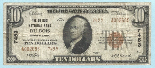 $10 National Currency 1929 - Type 2 - Ch#7453 - Du Bois NB, Du Bois, PA - VF+