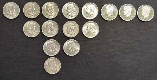 Franklin and Kennedy Half Dollars - Lot of 15 90% Silver, Better Quality Coins.