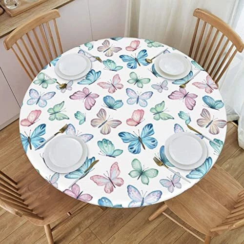 Elastic Edged Round Butterfly Fitted Table Cloth Cover, Home Decorative