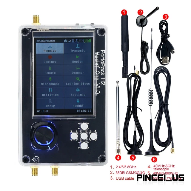 HackRF One R9 V1.8.x + Upgraded PortaPack H2 Assembled + 5 Antennas + USB Cable